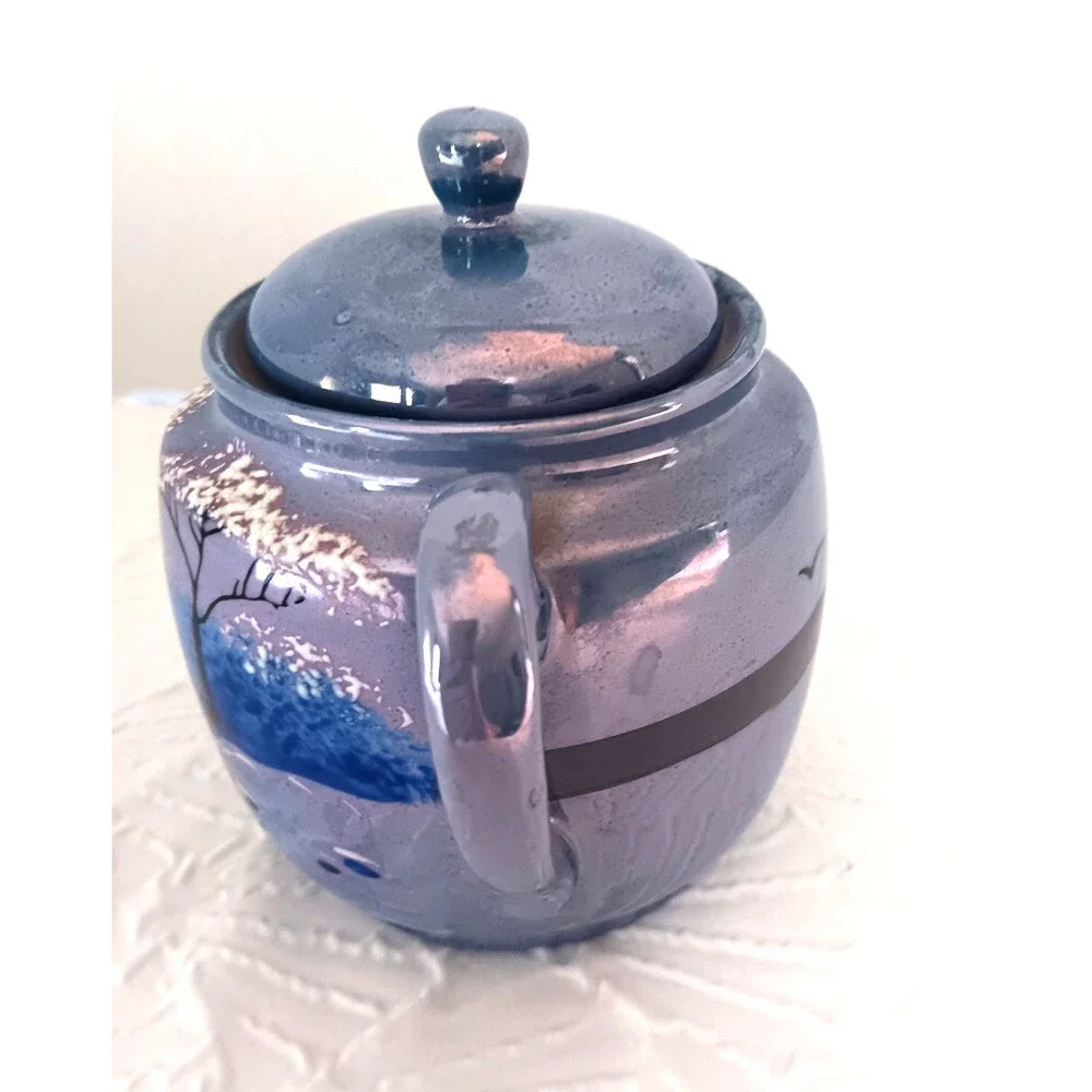 Vintage RS Made in Japan Lusterware Sugar Bowl | Iridescent Blue Landscape Scene